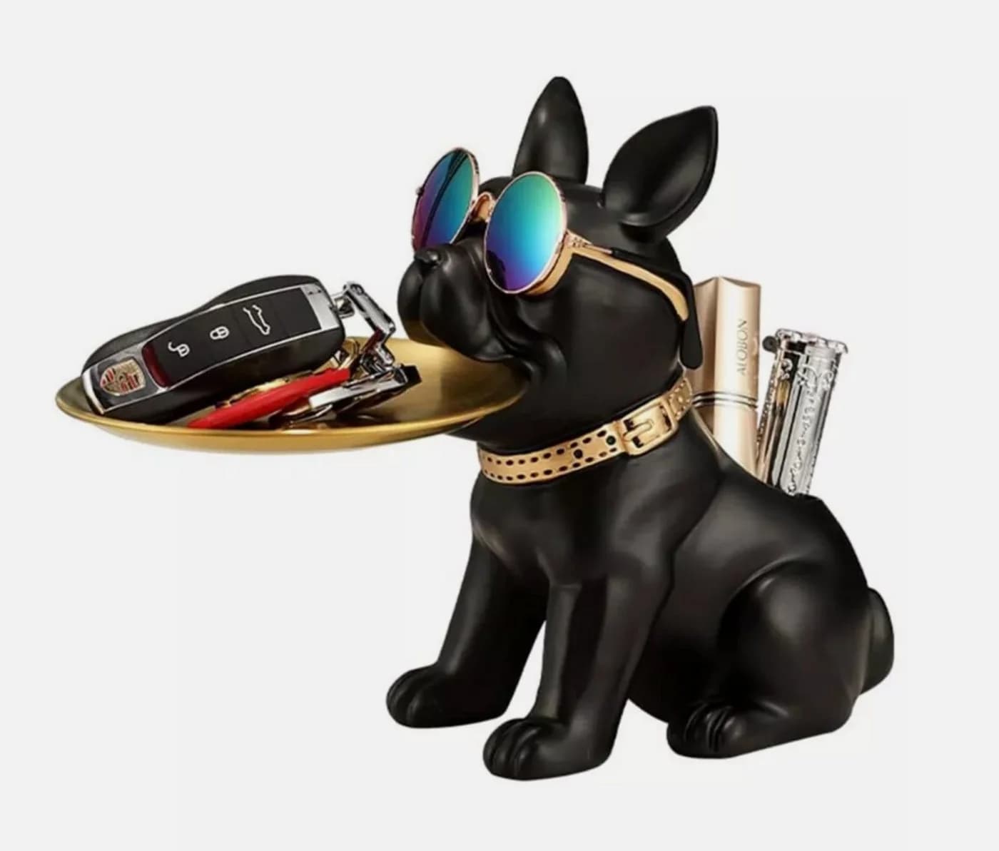 Holz Lichter Französische Bulldogge Figur Schlüssel Schale Schmuck Schwarz Gold - Bild 2