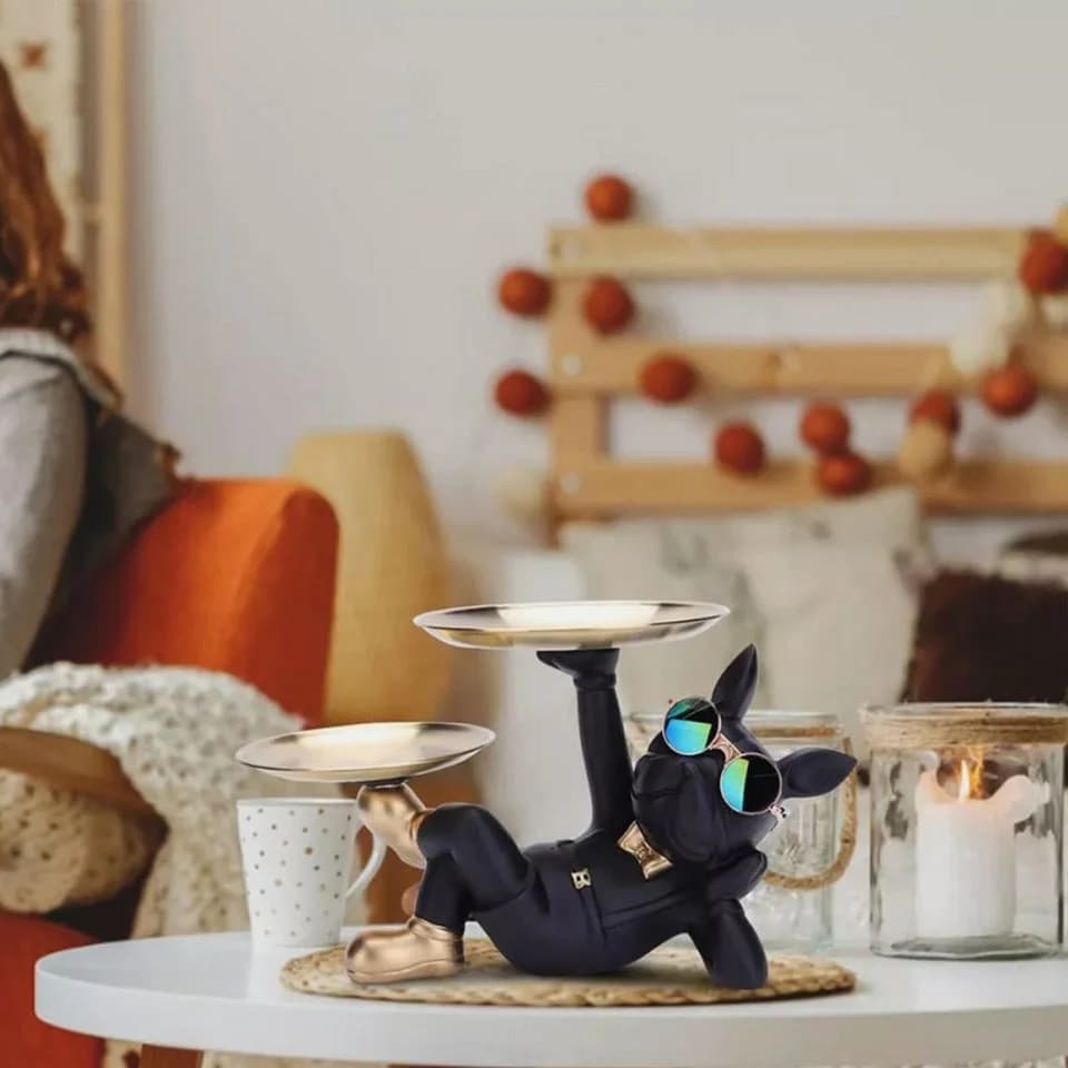 Holz Lichter Französische Bulldogge Figur Schwarz Gold mit Tablett