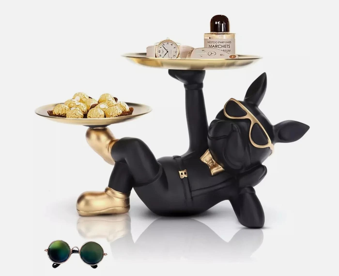 Holz Lichter Französische Bulldogge Figur Schwarz Gold mit Tablett - Bild 2