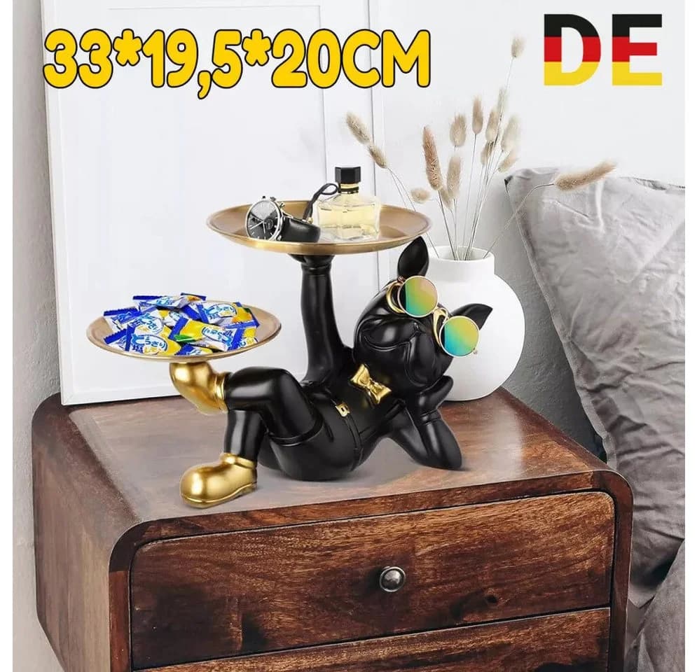 Holz Lichter Französische Bulldogge Figur Schwarz Gold mit Tablett - Bild 4