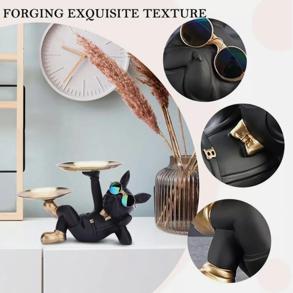 Holz Lichter Französische Bulldogge Figur Schwarz Gold mit Tablett - Bild 5