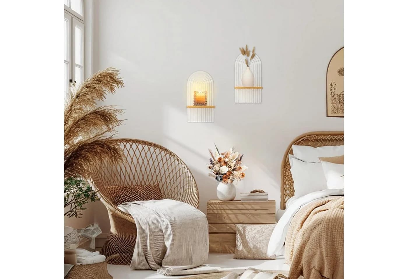 Holz Lichter Wandregal Schweberegal 2-tlg. Boho Weiß Kiefernholz
