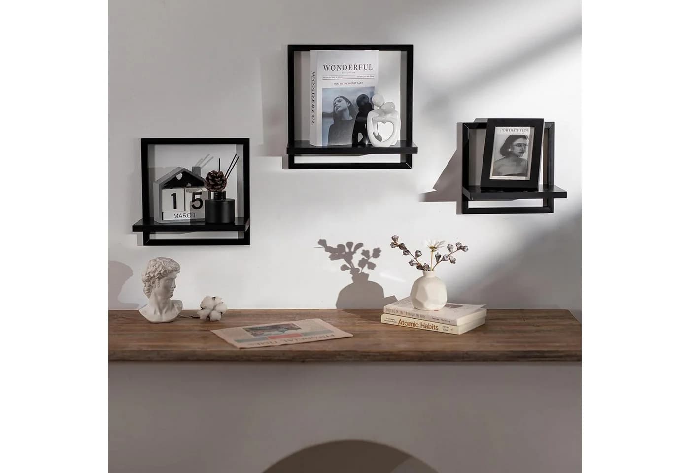 Holz Lichter Wandregal 3‑tlg. Floating Wandregal Holz Metall Modernes Geometrisches Design - Bild 5