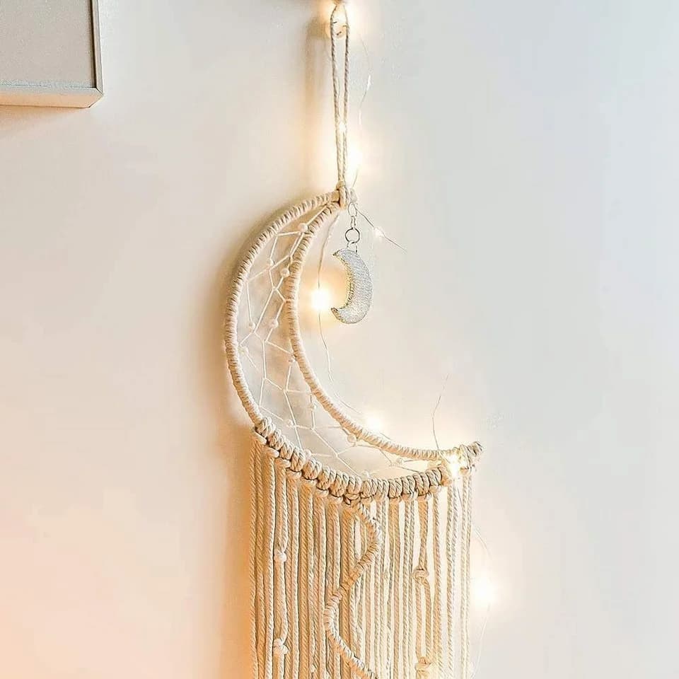 Holz Lichter Makramee Wandbehang Halbmond Boho Wanddeko - Bild 5
