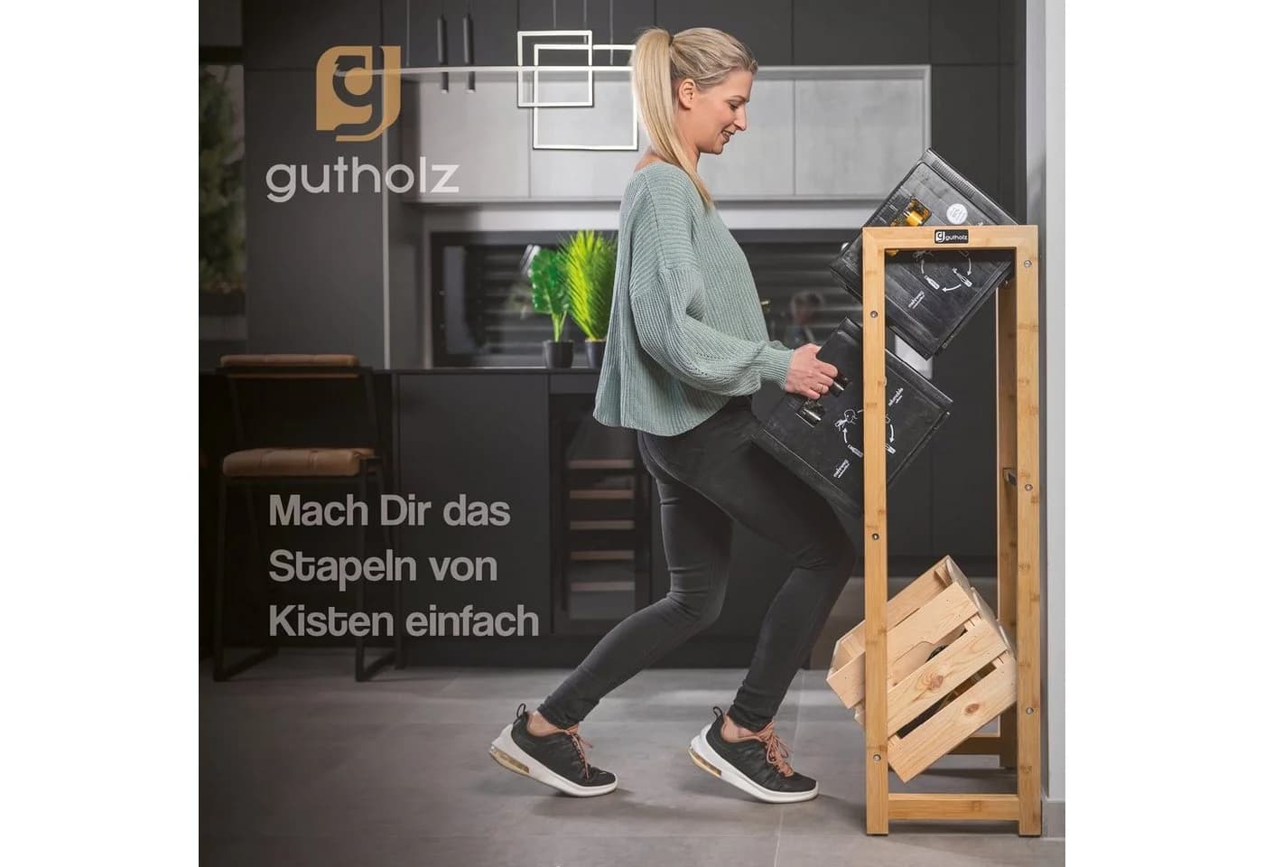 gutholz Getränkekistenregal Bambus & Edelstahl für 3 Kisten