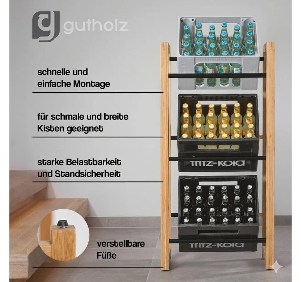 gutholz Getränkekistenregal Bambus & Edelstahl für 3 Kisten - Bild 3