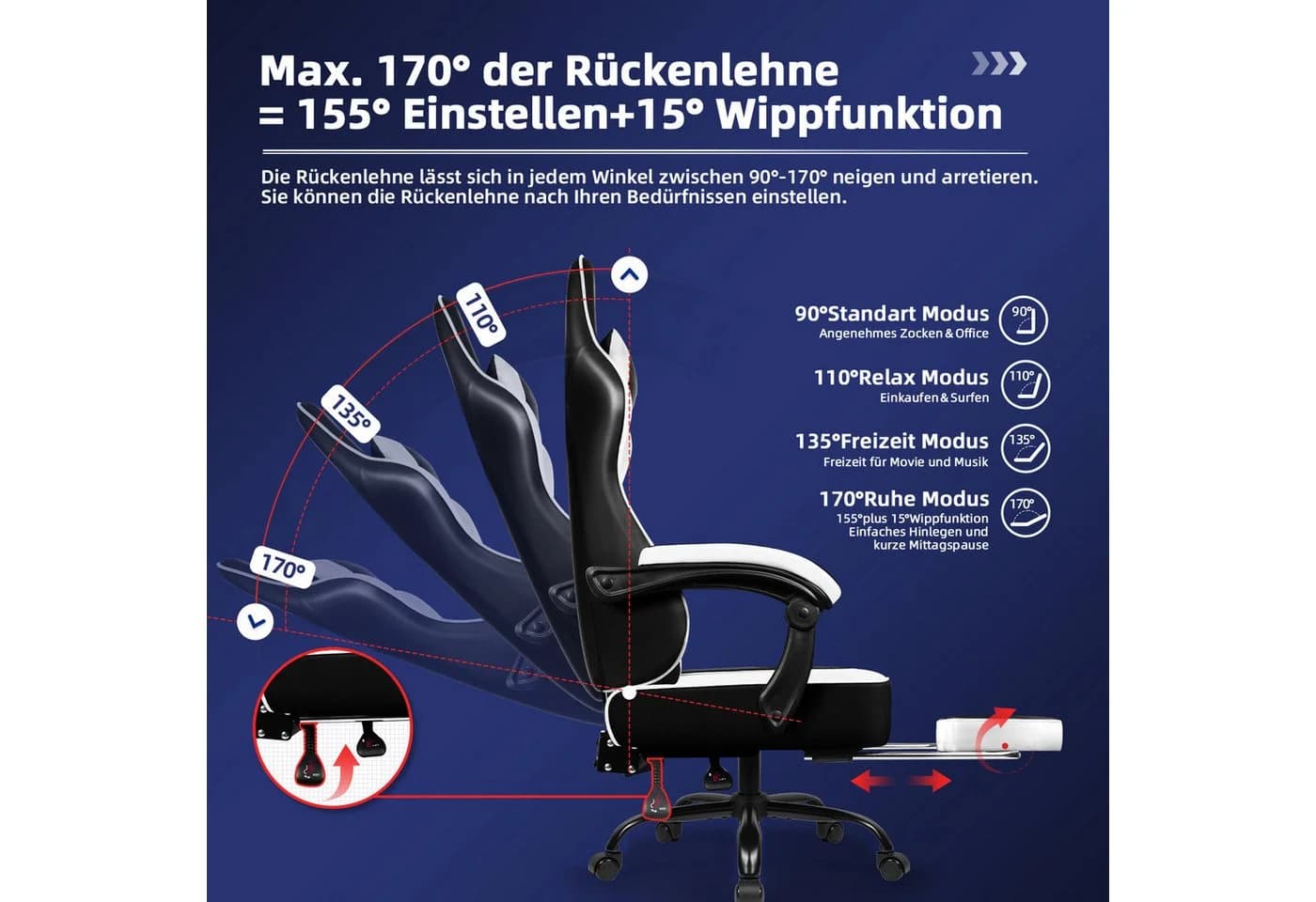 Hiazurm Gaming-Stuhl Ergonomisch mit Fußstütze und Wippfunktion - Bild 4