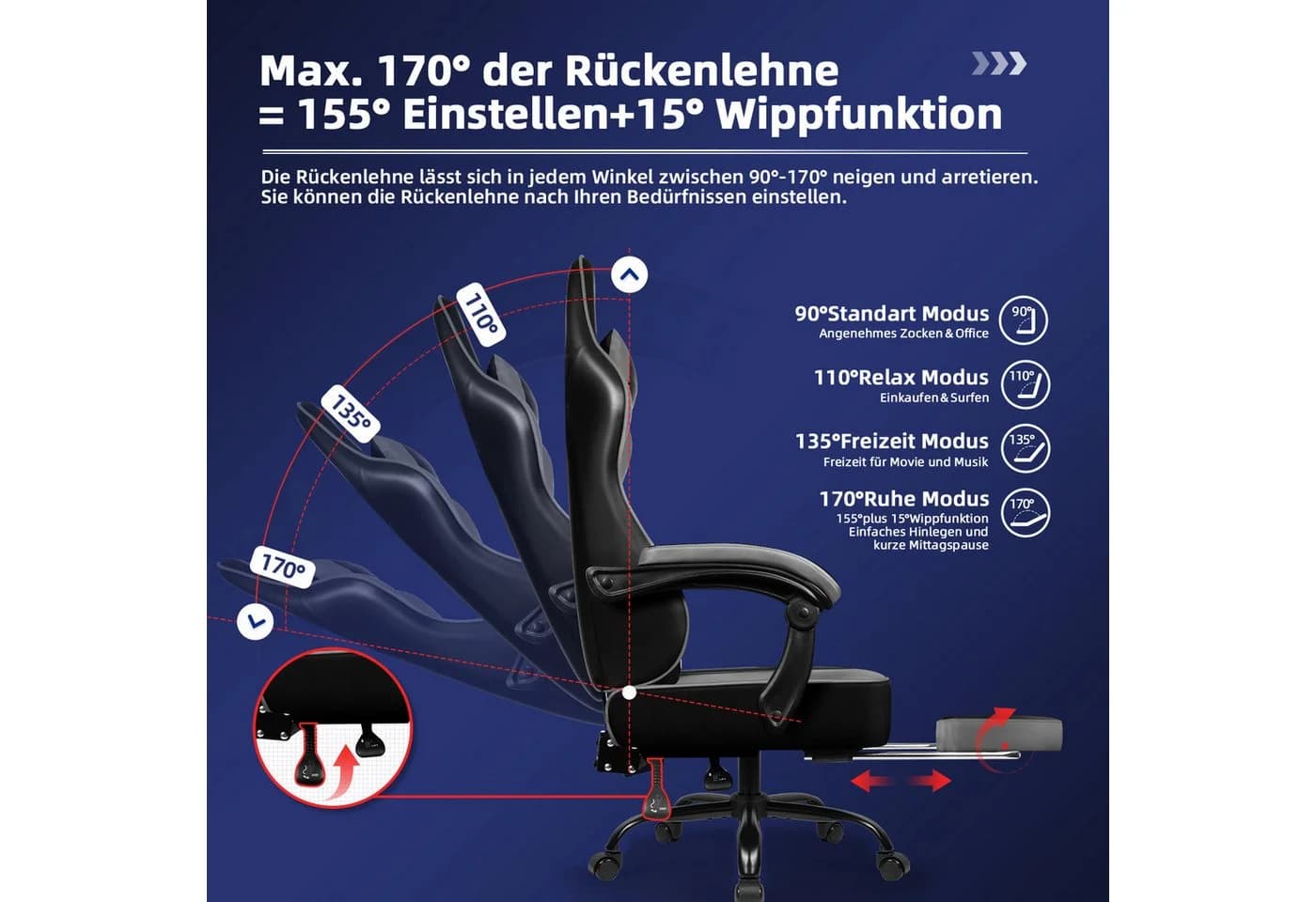 Hiazurm Gaming-Stuhl, Bürostuhl Ergonomisch, Wippfunktion bis 170° - Bild 4