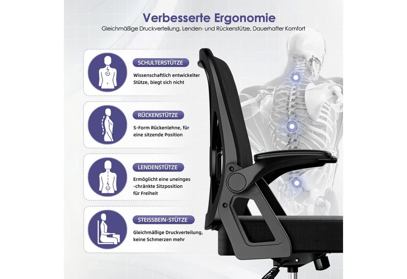Hiazurm Bürostuhl Schwarz Ergonomisch Mesh Chefsessel mit Wippfunktion