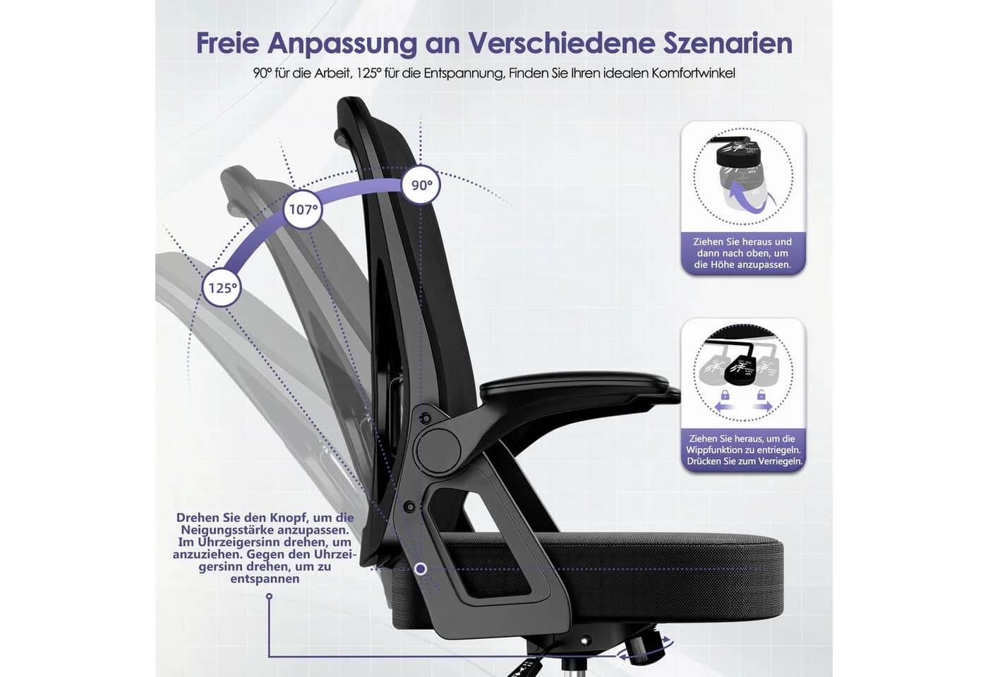 Hiazurm Bürostuhl Schwarz Ergonomisch Mesh Chefsessel mit Wippfunktion - Bild 4