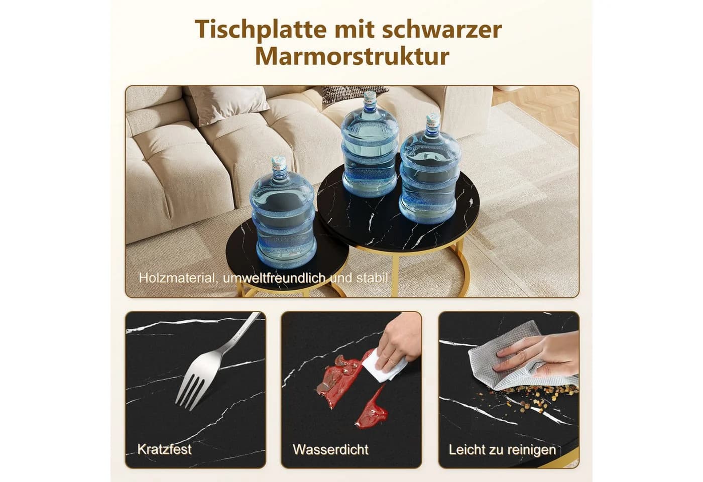 Hiazurm Couchtisch 2er Set Marmoroptik Schwarz - Bild 3