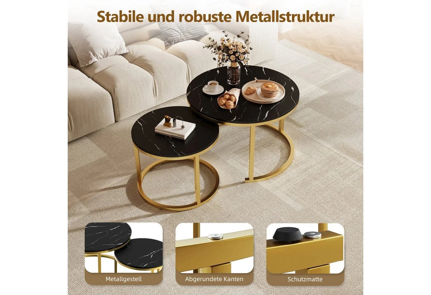 Hiazurm Couchtisch 2er Set Marmoroptik Schwarz - Bild 5