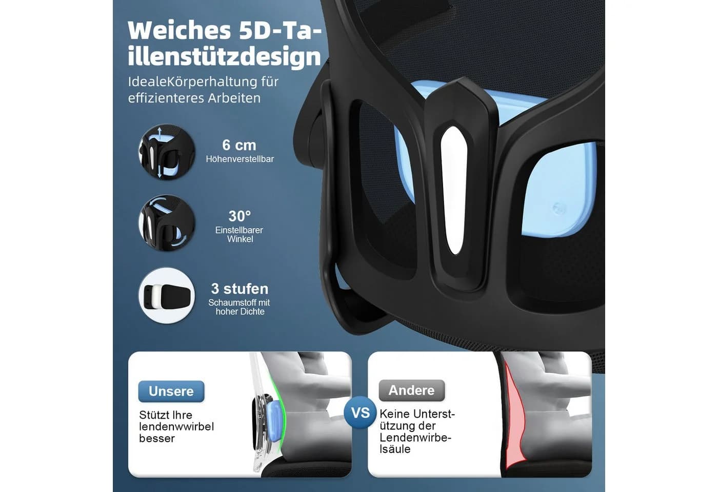 Hiazurm Bürostuhl Ergonomisch Schwarz Verstellbare Armlehne - Bild 3