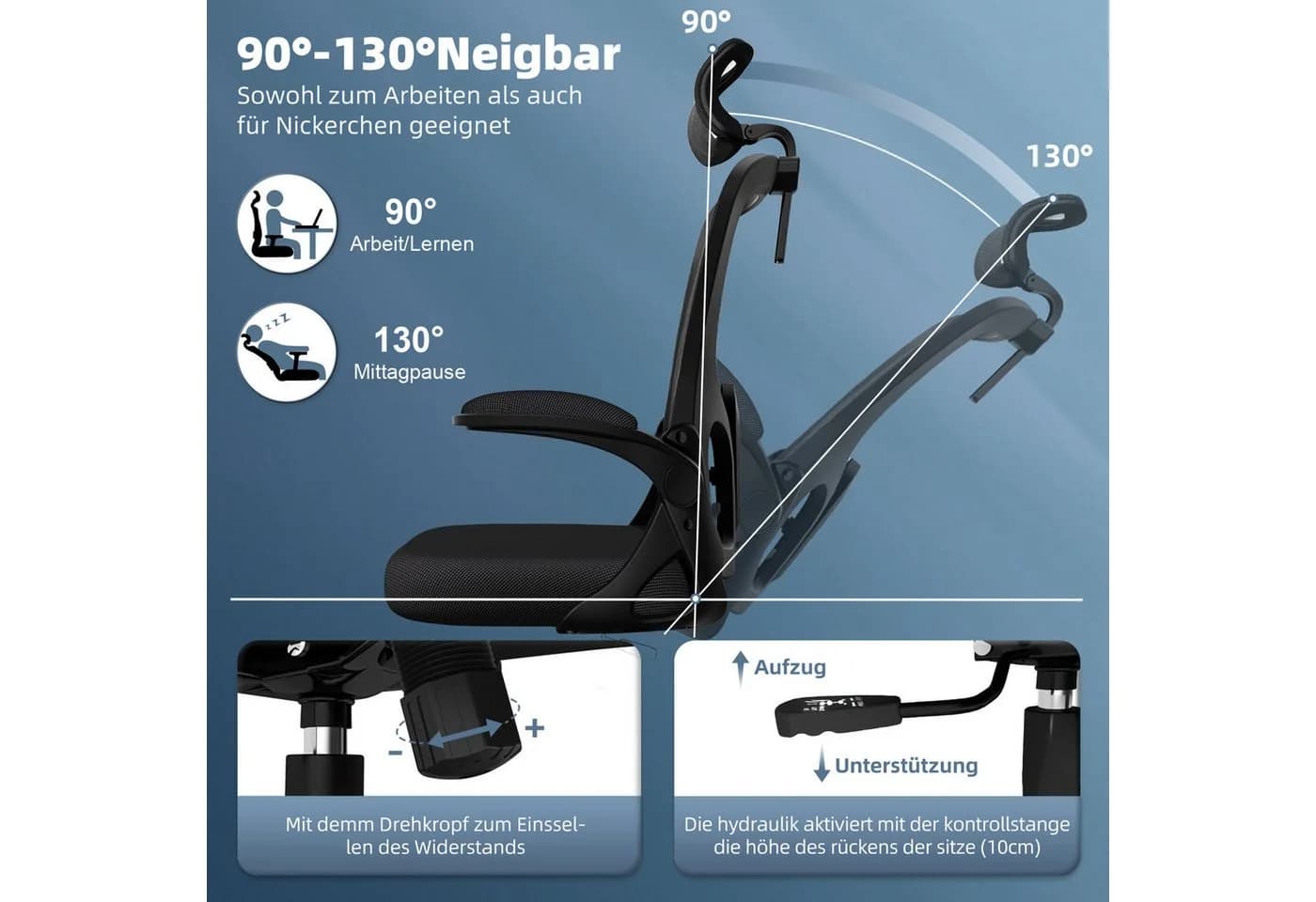 Hiazurm Bürostuhl Ergonomisch Schwarz Verstellbare Armlehne - Bild 4