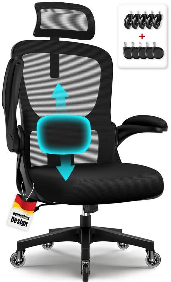Hiazurm Bürostuhl mit 5D-Lendenwirbelstütze, Kopfstütze & Wippfunktion Schwarz - Bild 2