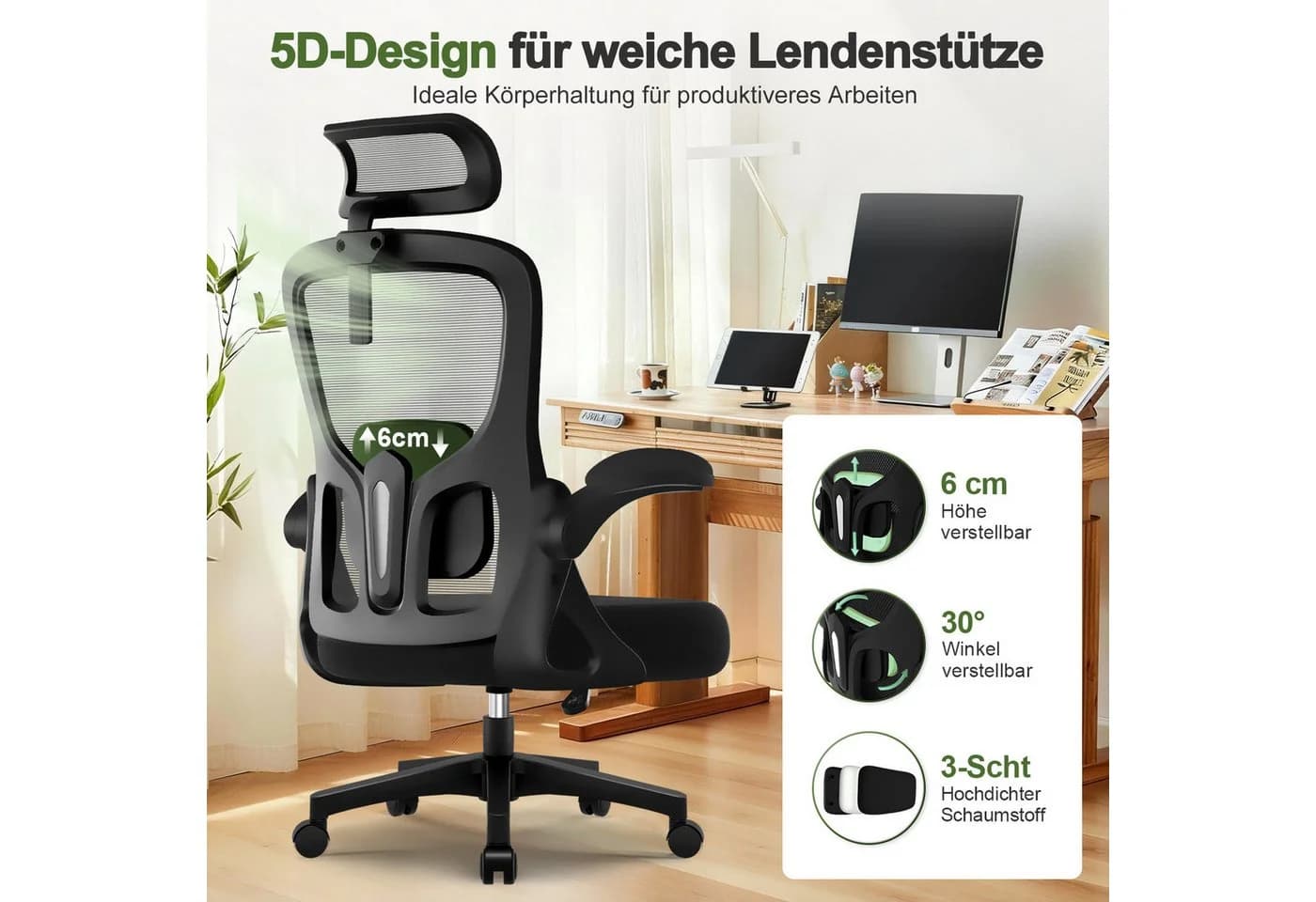 Hiazurm Bürostuhl mit 5D-Lendenwirbelstütze, Kopfstütze & Wippfunktion Schwarz - Bild 4