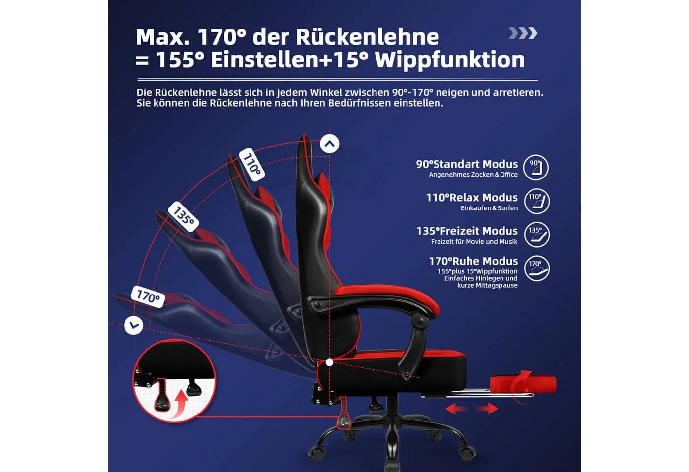 Hiazurm Gaming-Stuhl Ergonomisch mit Fußstütze & Wippfunktion bis 170° Rot - Bild 3