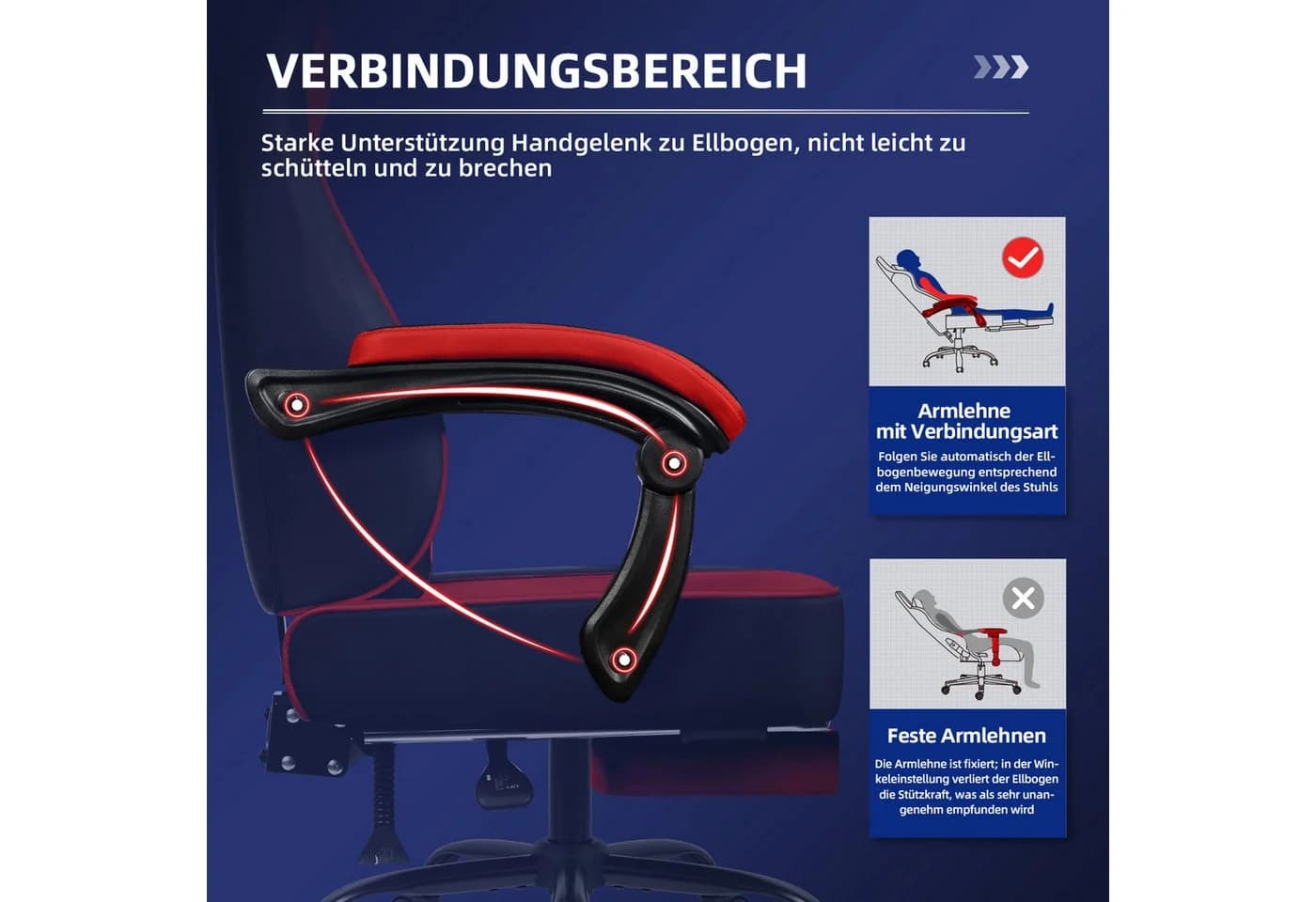 Hiazurm Gaming-Stuhl Ergonomisch mit Fußstütze & Wippfunktion bis 170° Rot - Bild 4