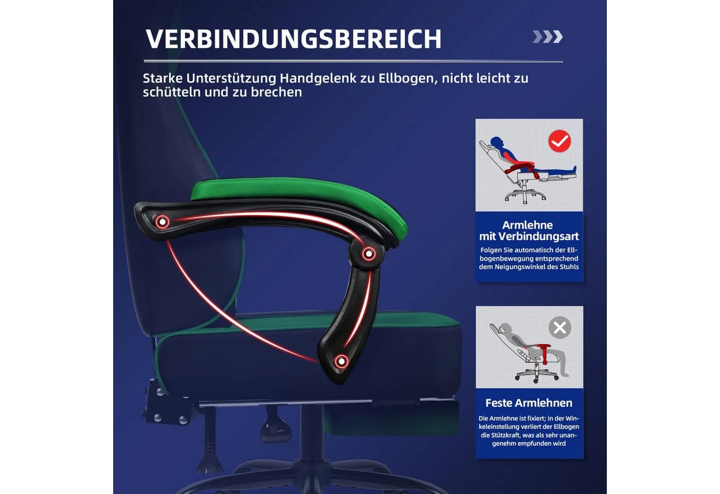 Hiazurm Gaming-Stuhl Ergonomisch Grün Fußstütze 150kg - Bild 3