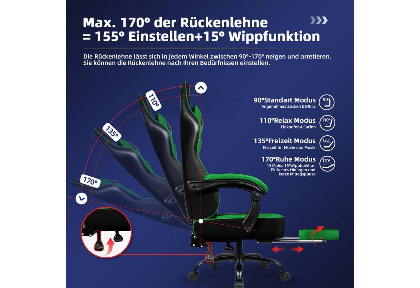 Hiazurm Gaming-Stuhl Ergonomisch Grün Fußstütze 150kg - Bild 4
