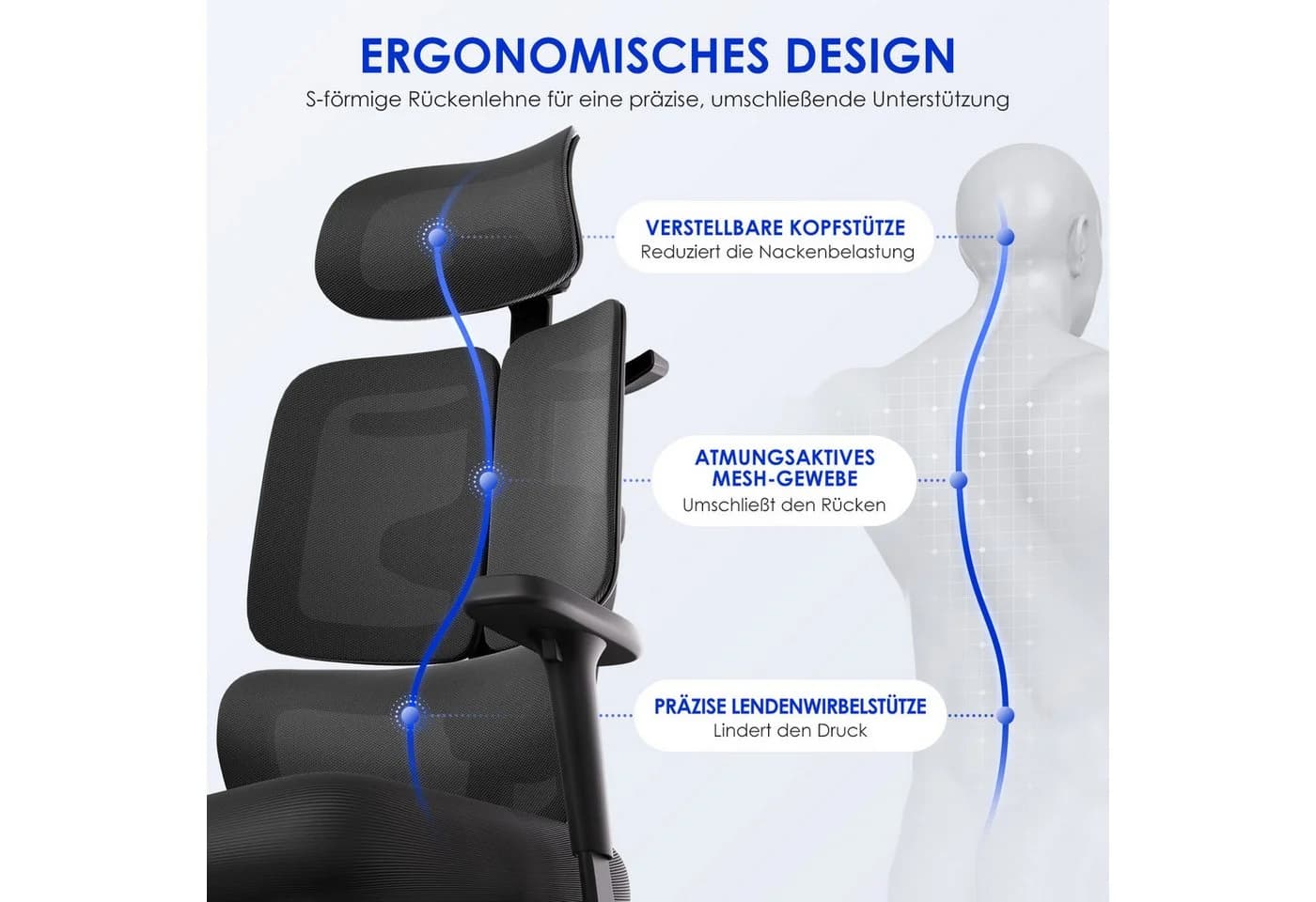 Hiazurm Ergonomischer Bürostuhl Schwarz mit 6D-Armlehnen - Bild 3