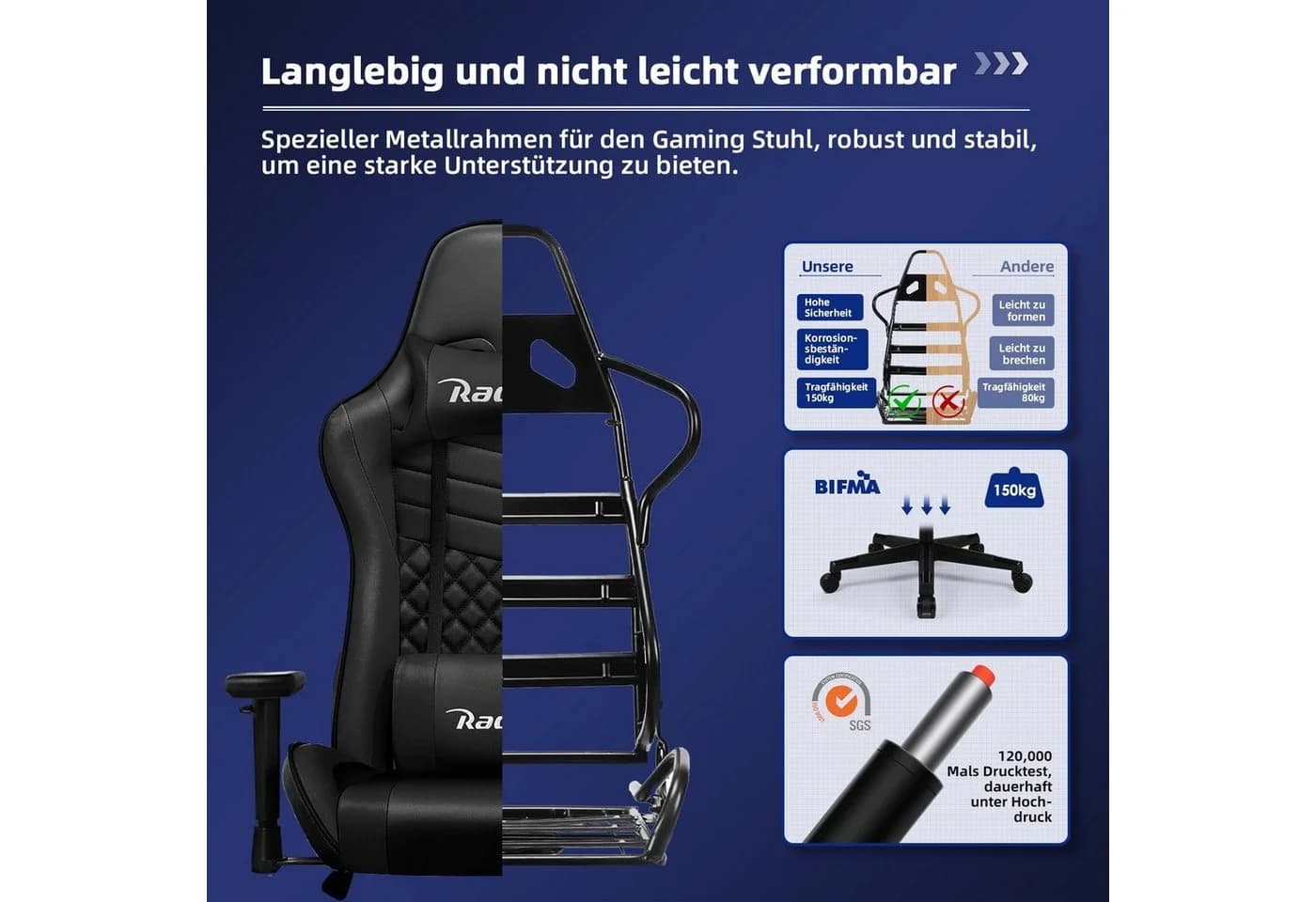 Hiazurm Gaming-Stuhl Schwarz Ergonomisch Wippfunktion bis 170° - Bild 5