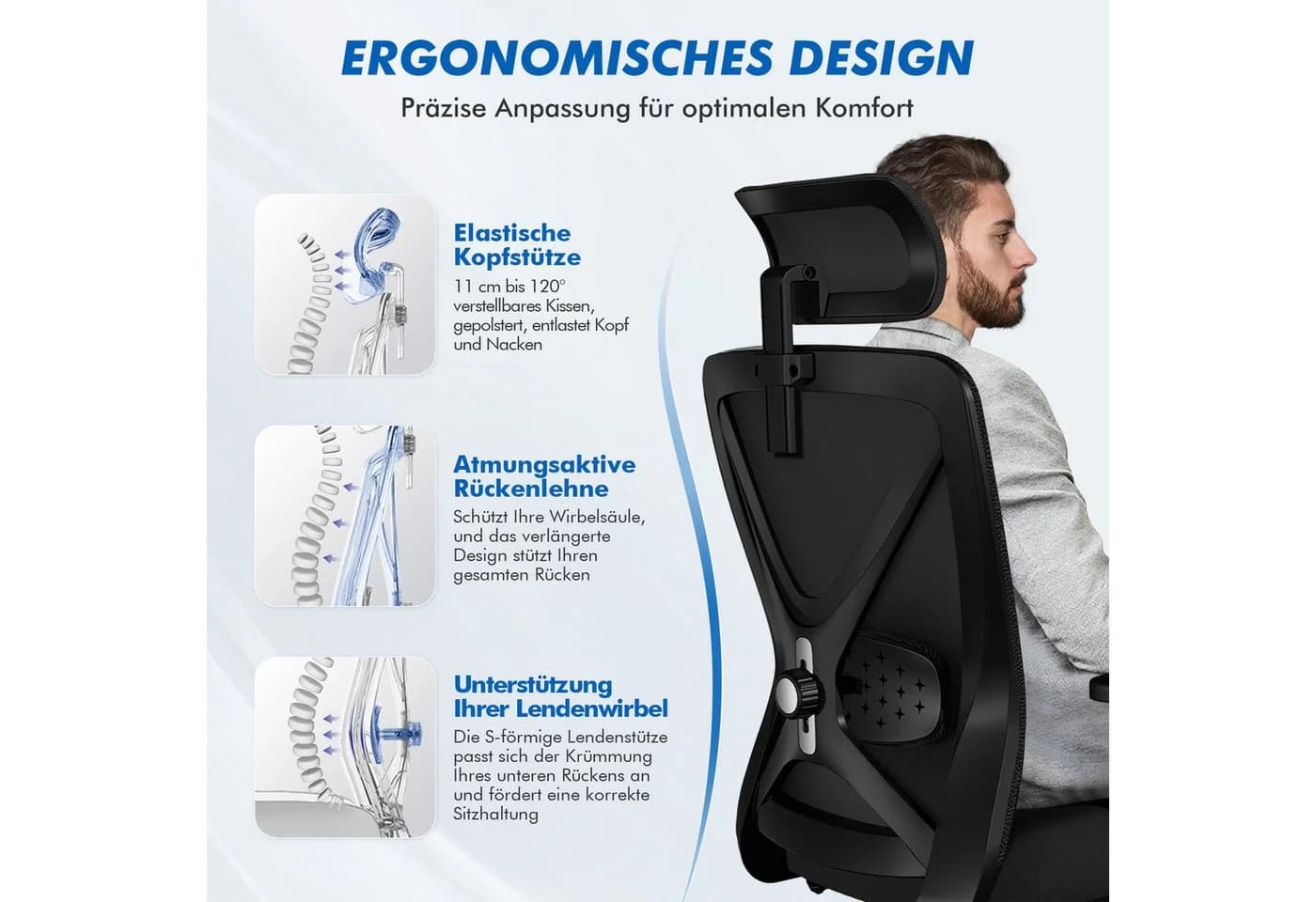 Hiazurm Ergonomischer Bürostuhl Schwarz Netzbezug Verstellbar - Bild 3