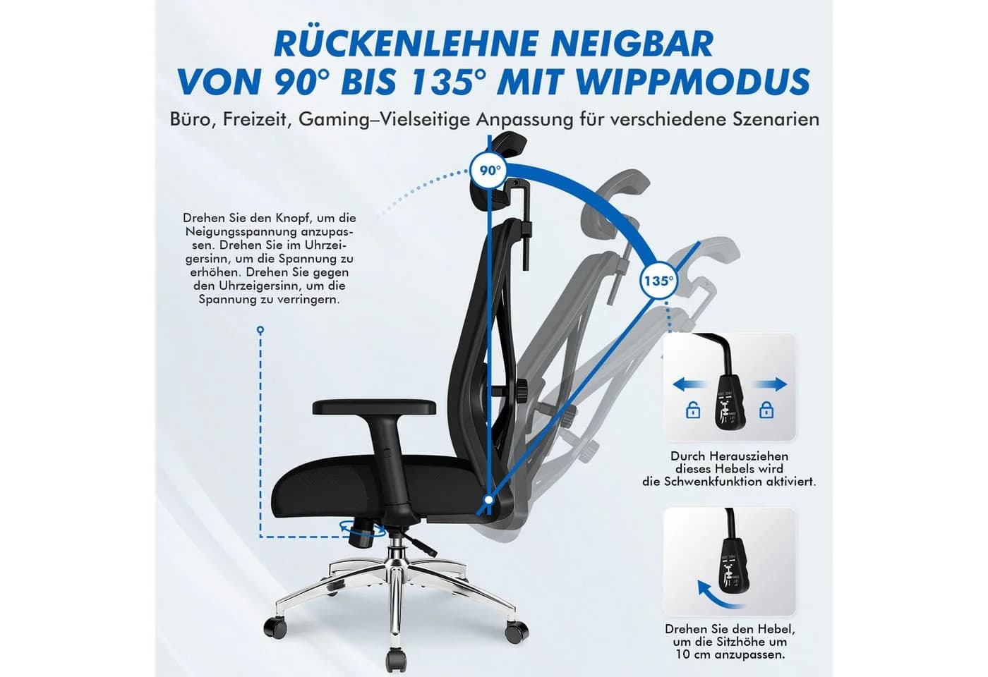 Hiazurm Ergonomischer Bürostuhl Schwarz Netzbezug Verstellbar - Bild 4