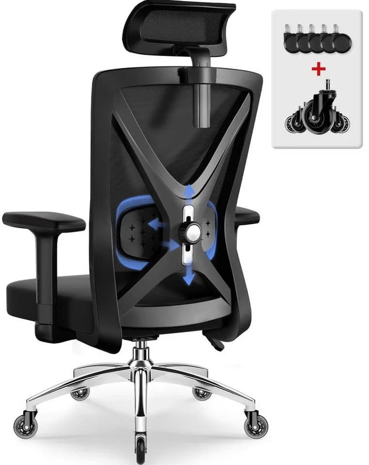 Hiazurm Ergonomischer Bürostuhl Schwarz mit Lendenwirbelstütze und Kopfstütze - Bild 2