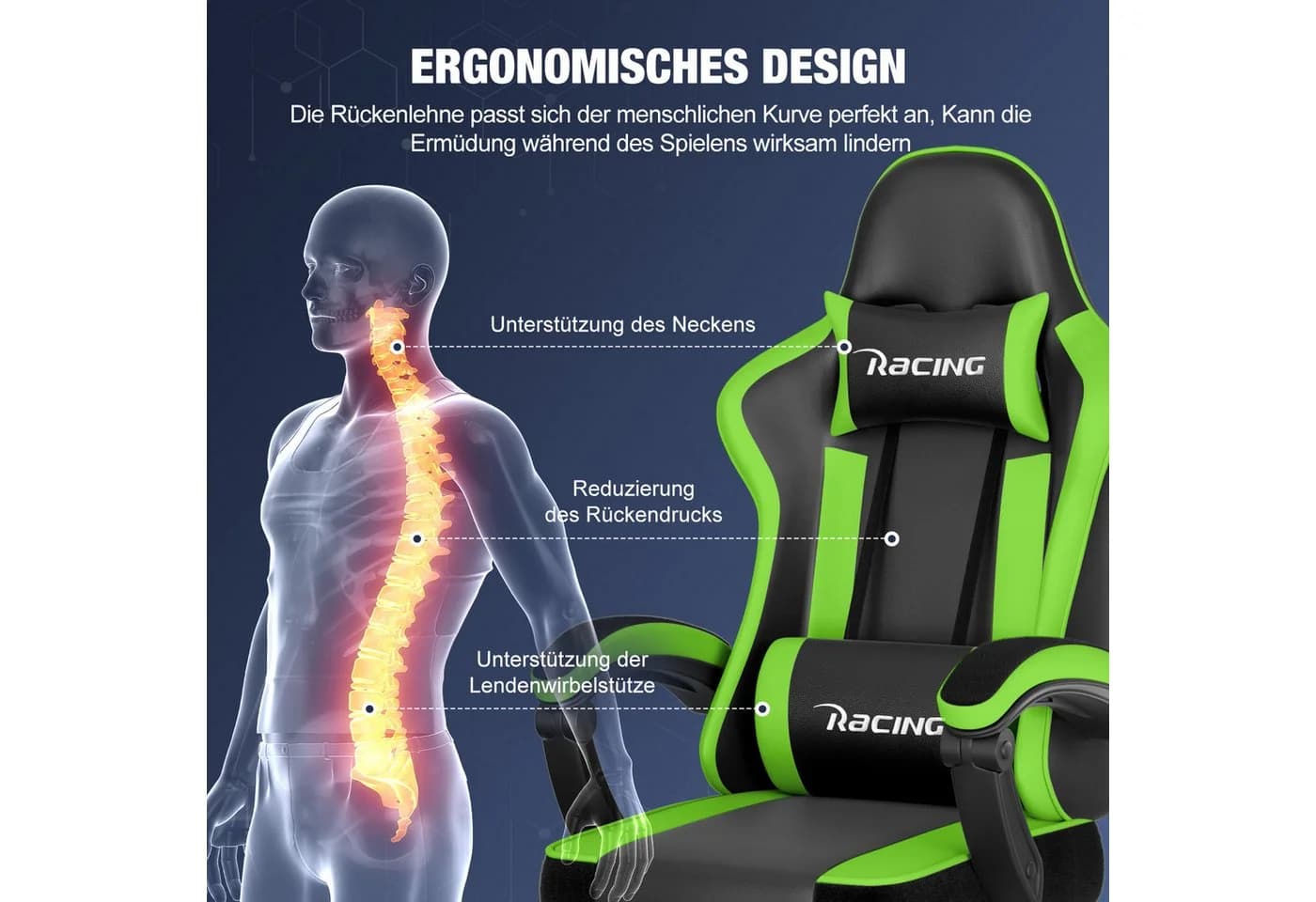 Hiazurm Gaming-Stuhl Ergonomisch mit Fußstütze & Lordosenstütze Grün