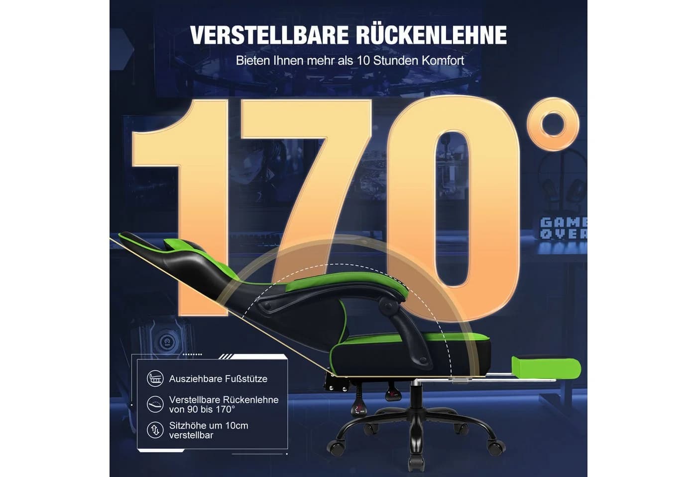 Hiazurm Gaming-Stuhl Ergonomisch mit Fußstütze & Lordosenstütze Grün - Bild 3