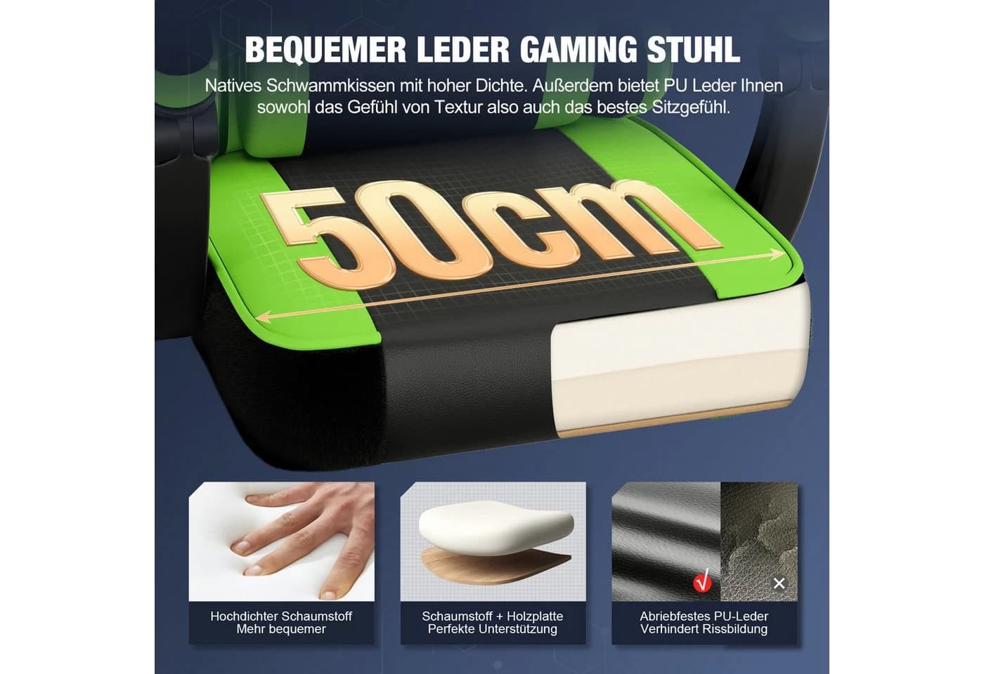 Hiazurm Gaming-Stuhl Ergonomisch mit Fußstütze & Lordosenstütze Grün - Bild 4