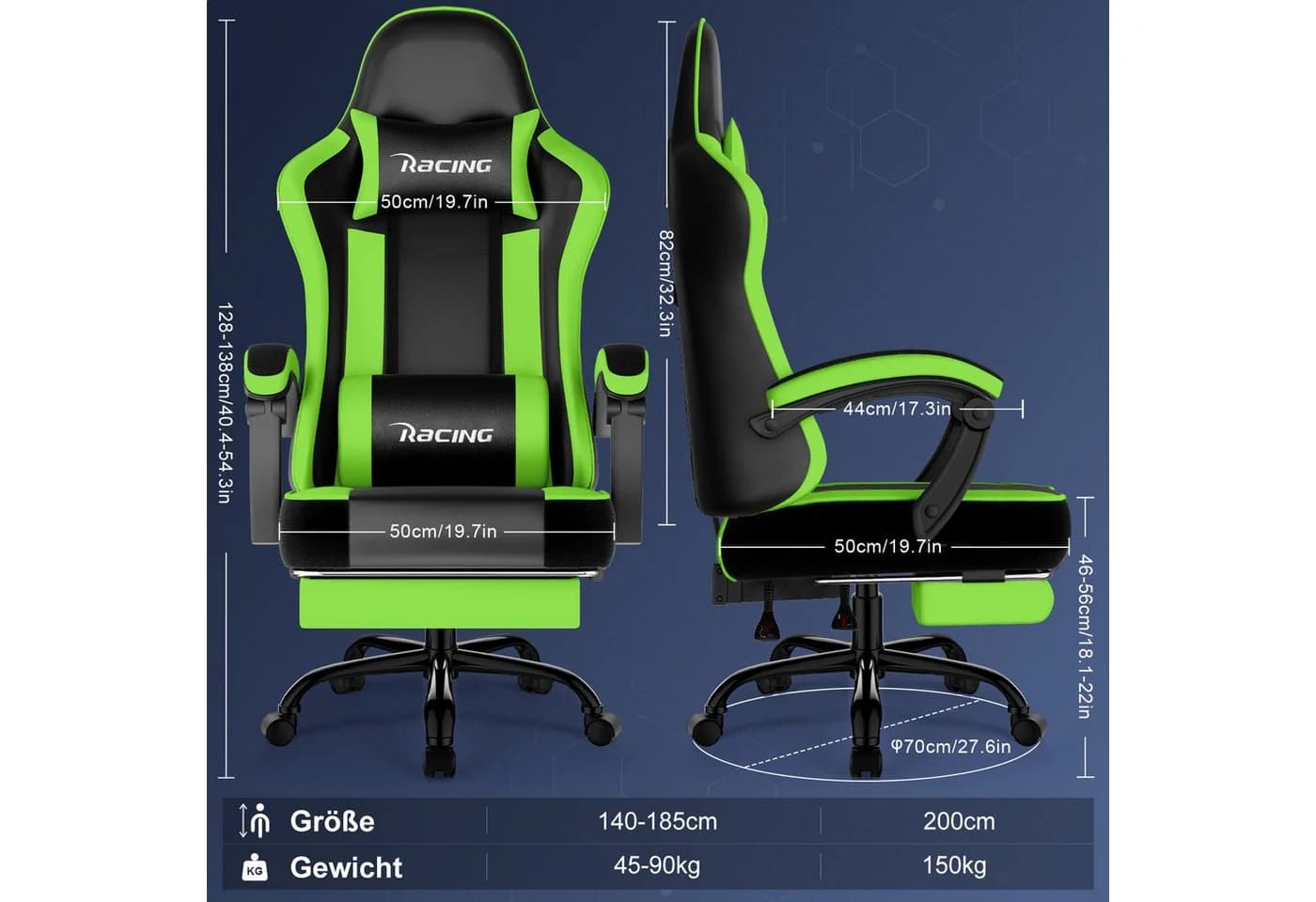 Hiazurm Gaming-Stuhl Ergonomisch mit Fußstütze & Lordosenstütze Grün - Bild 5