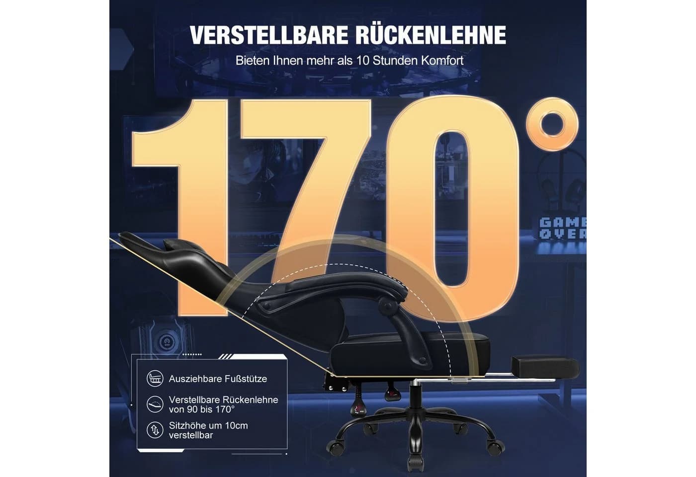 Hiazurm Gaming-Stuhl Ergonomisch mit Fußstütze und Lordosenstütze - Bild 3