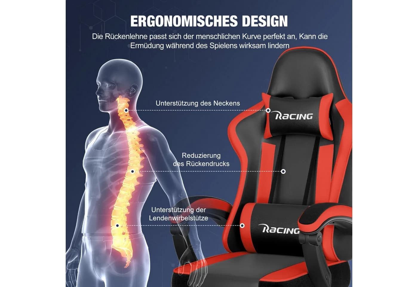 Hiazurm Gaming-Stuhl mit Fußstütze und Lordosenstütze Rot