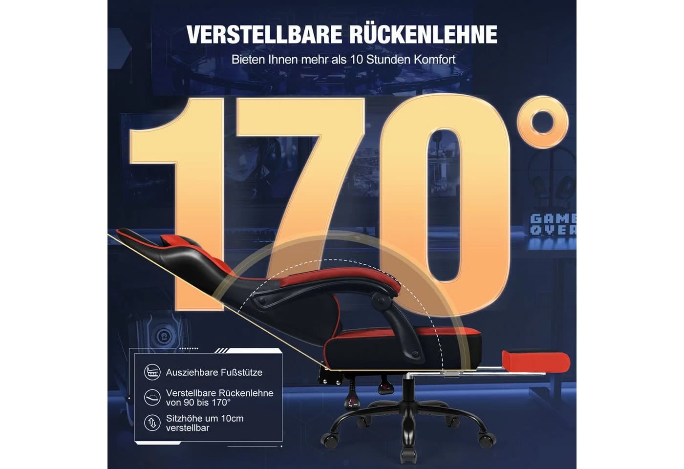 Hiazurm Gaming-Stuhl mit Fußstütze und Lordosenstütze Rot - Bild 3