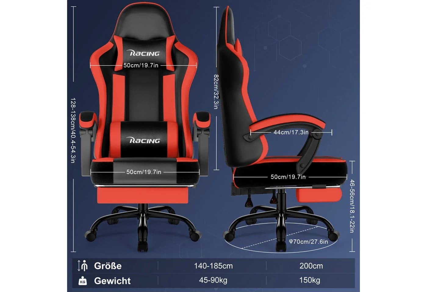 Hiazurm Gaming-Stuhl mit Fußstütze und Lordosenstütze Rot - Bild 5
