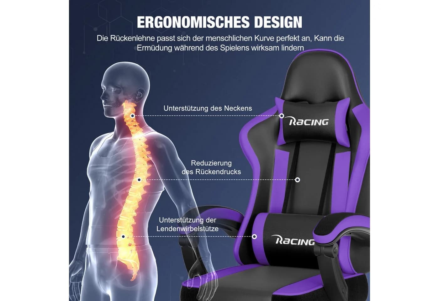 Hiazurm Gaming-Stuhl Lila Ergonomisch mit Fußstütze