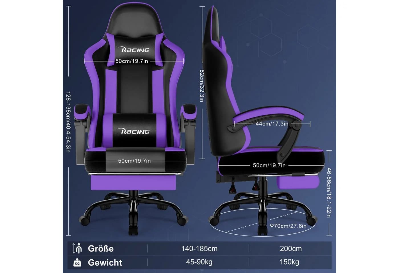 Hiazurm Gaming-Stuhl Lila Ergonomisch mit Fußstütze - Bild 2