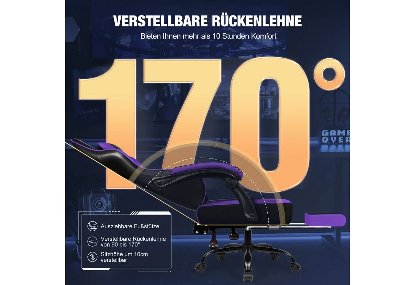 Hiazurm Gaming-Stuhl Lila Ergonomisch mit Fußstütze - Bild 3
