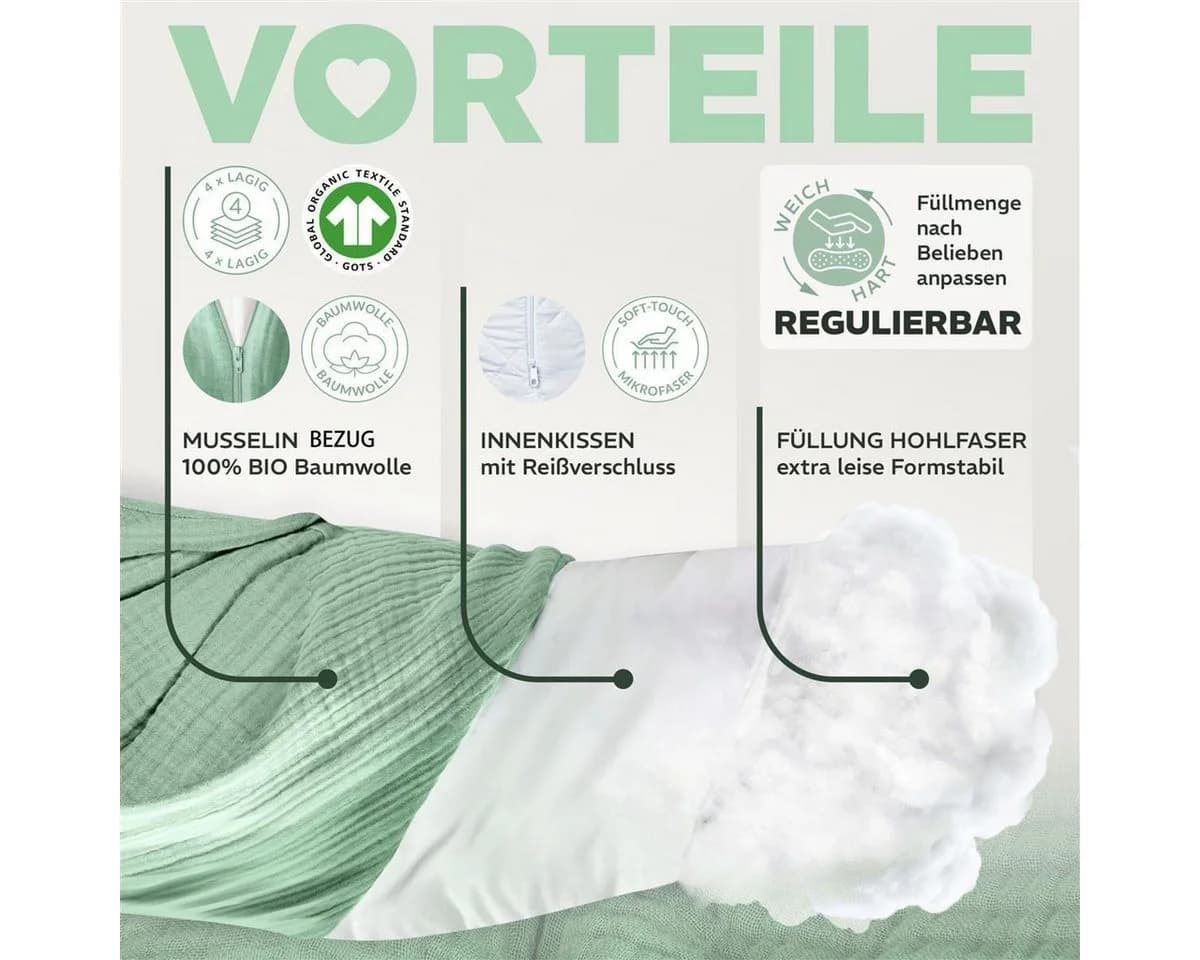 SEI Design Stillkissen XXL Bio-Musselin Grün Ergonomisch - Bild 4