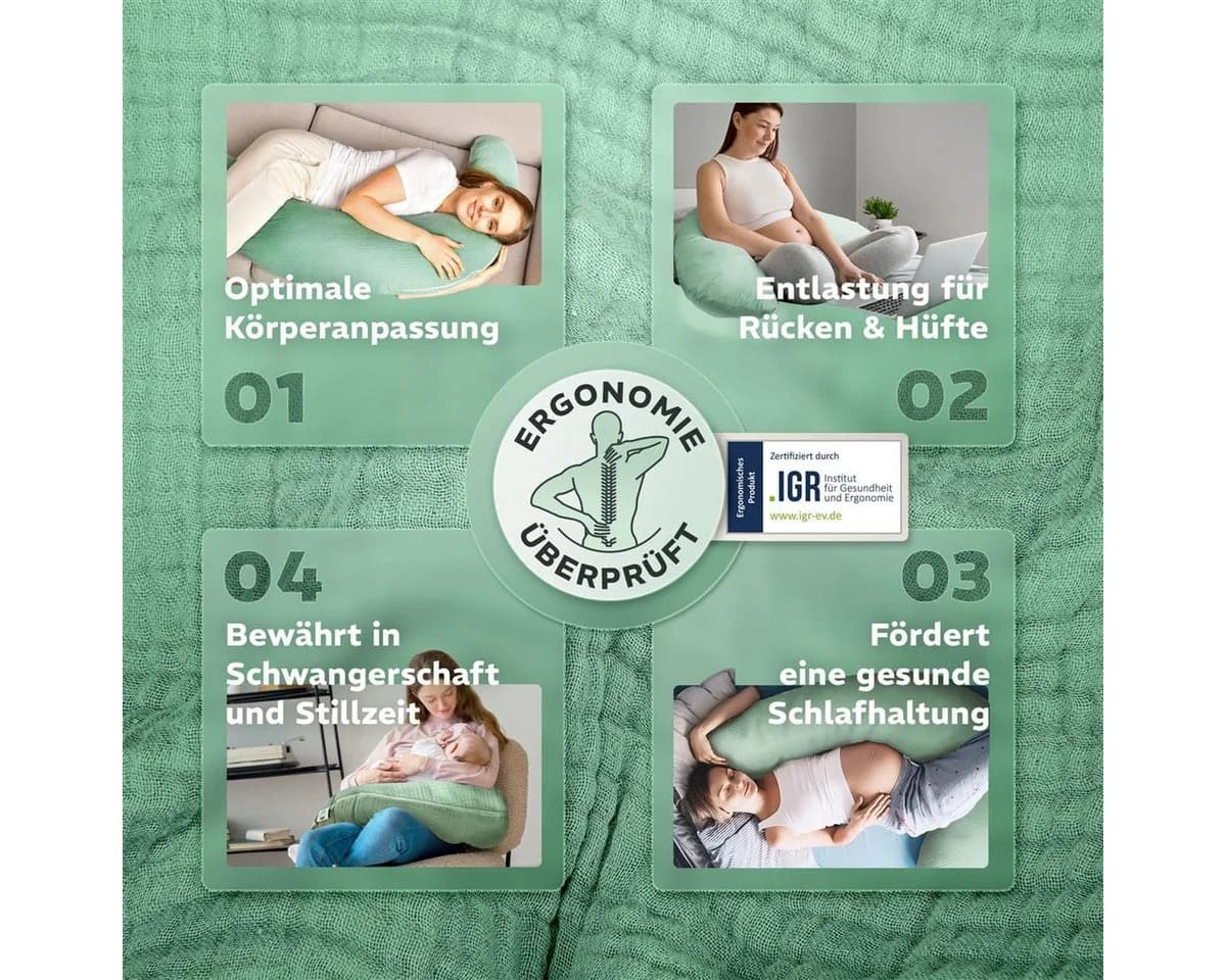 SEI Design Stillkissen XXL Bio-Musselin Grün Ergonomisch - Bild 5