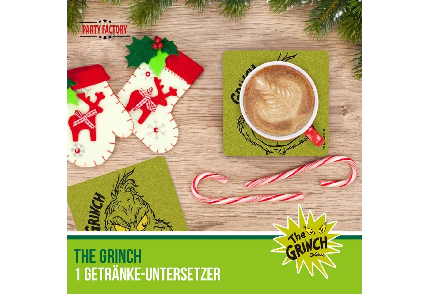 Party Factory Getränkeuntersetzer The Grinch 4er Set Grün Filz