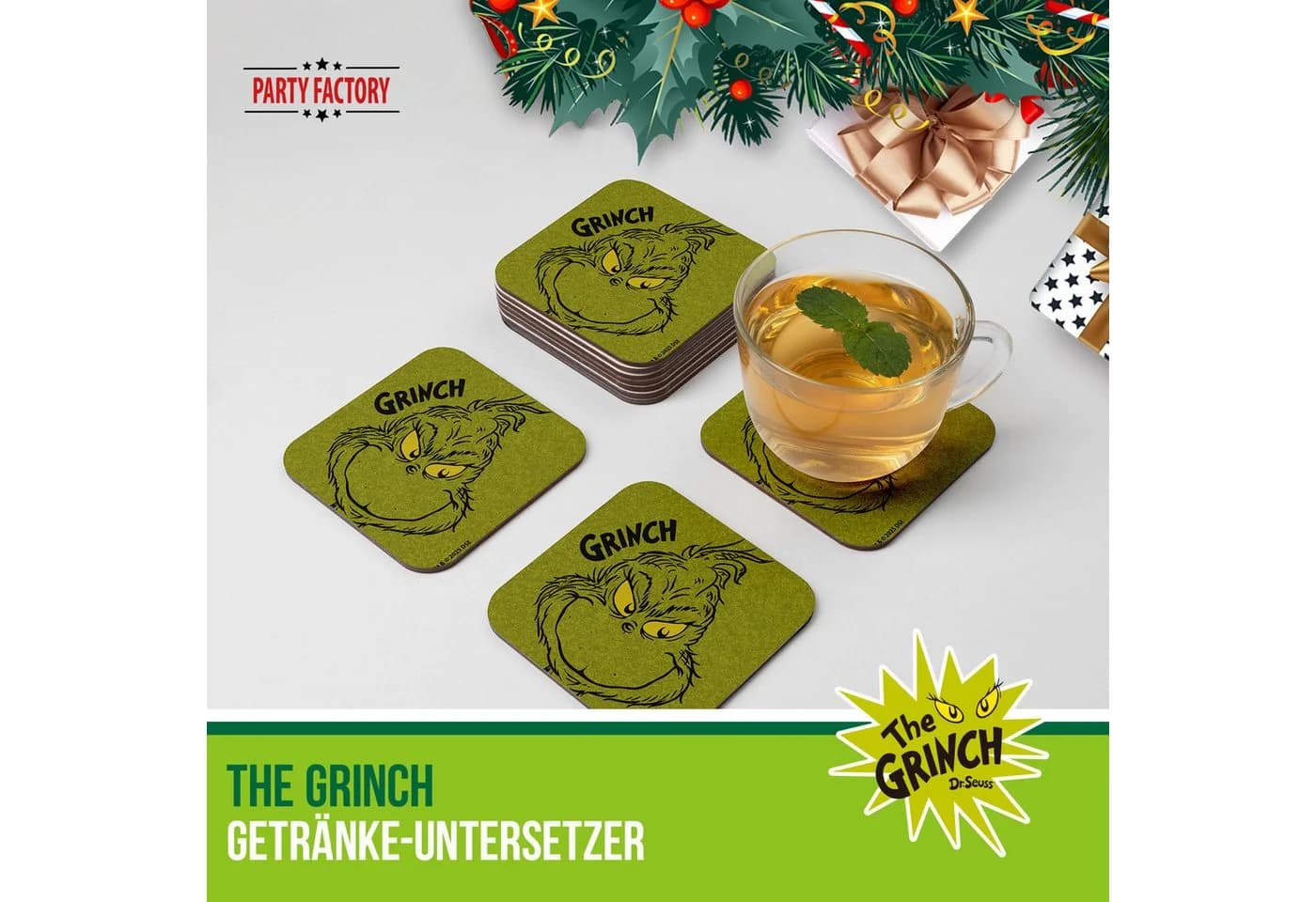 Party Factory Getränkeuntersetzer The Grinch 4er Set Grün Filz - Bild 5