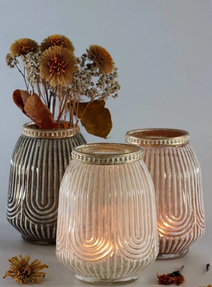 FURNARO Dekovase Fès 3-teilig Beige Glas Metall