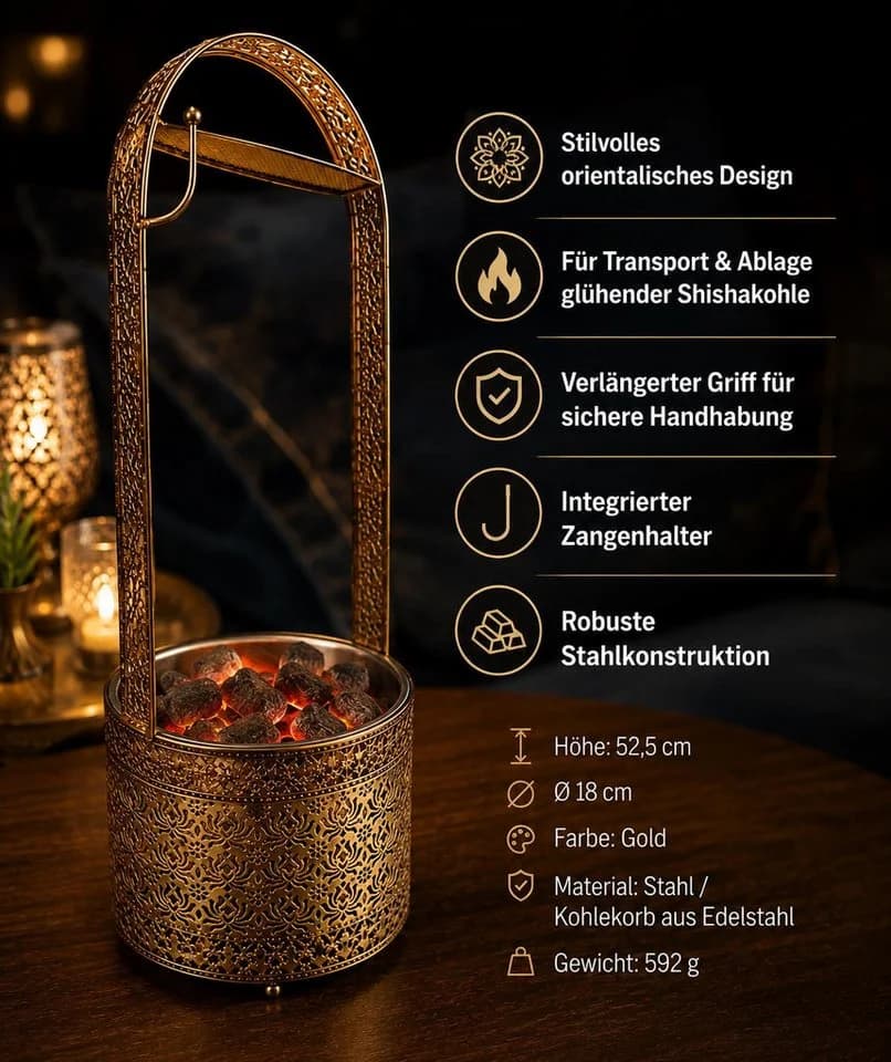 BAYLI Shisha Kohlekorb XL Gold mit Kohlezange - Bild 3