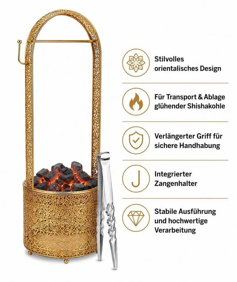 BAYLI Shisha Kohlekorb XL Gold mit Kohlezange - Bild 5