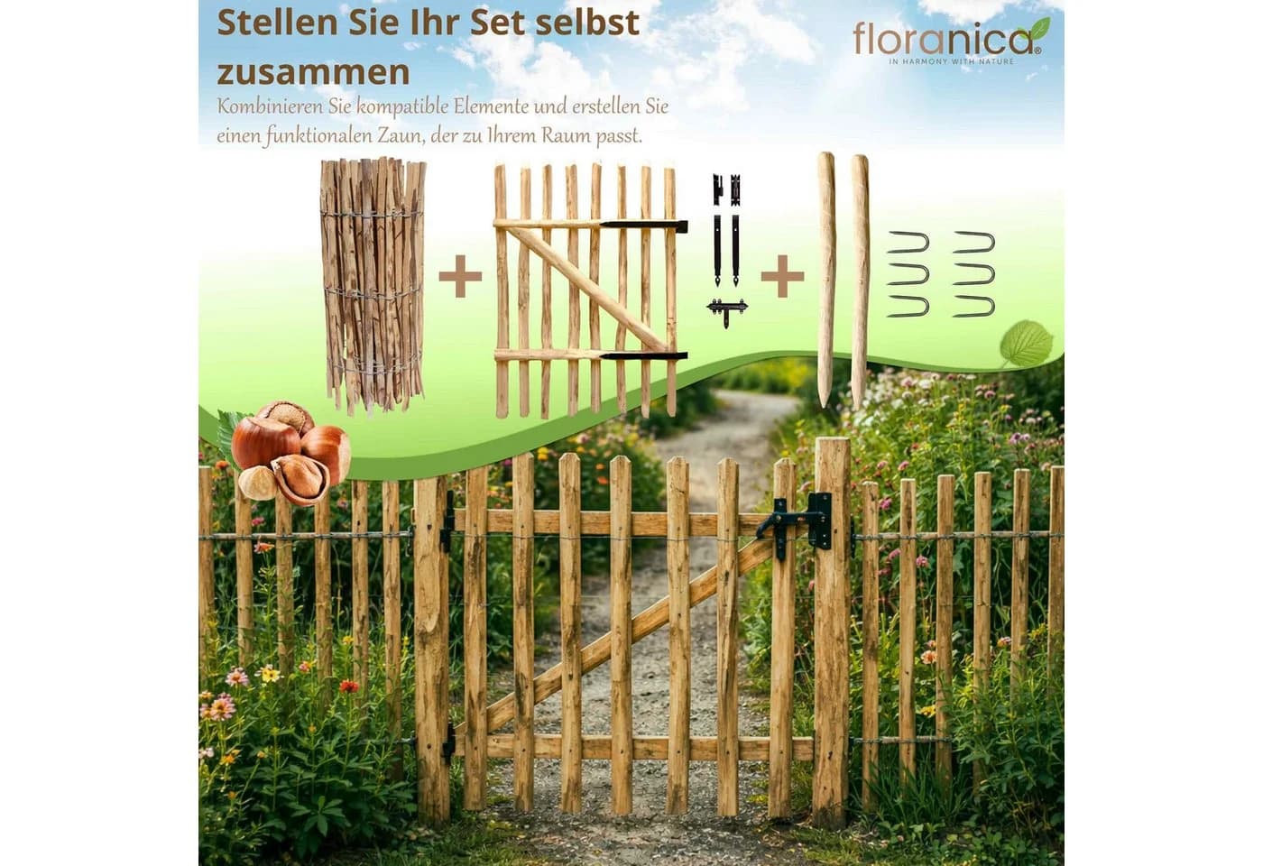 Floranica Gartentor aus Haselnussholz, 50x100 cm, 2 St. fertig montiert - Bild 4