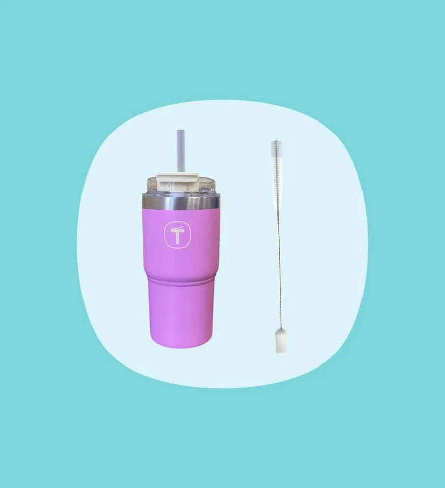 TUPPERWARE Big T Tumbler 630 ml rosa Thermobecher mit Strohhalm