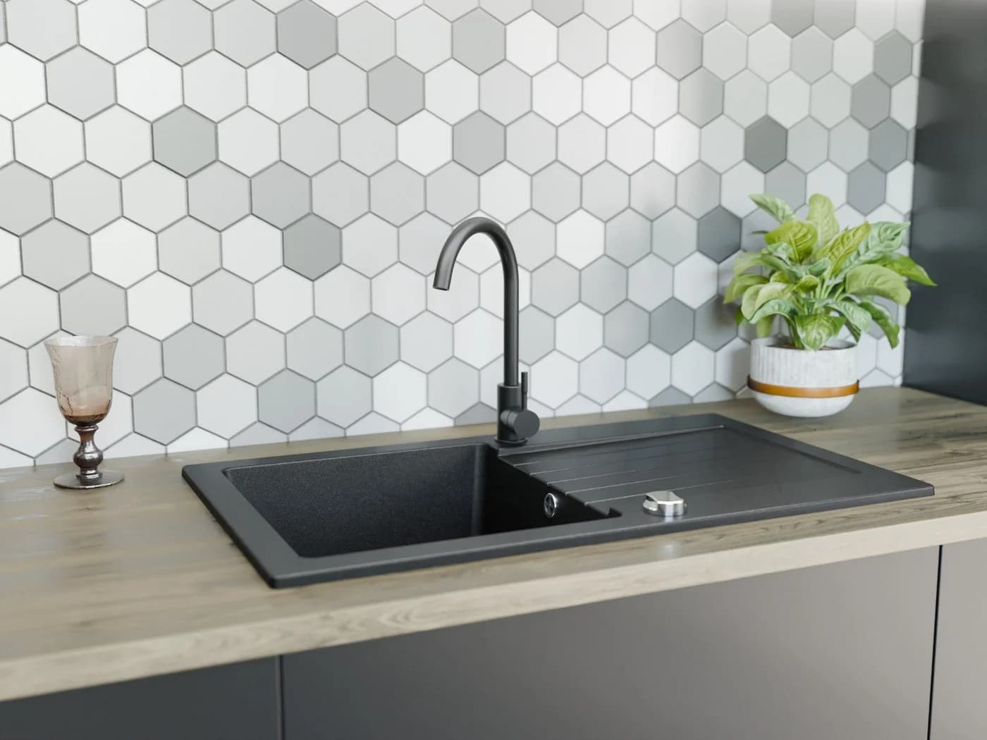 Faizee Möbel Granitspüle 2-Becken mit Armatur Schwarz